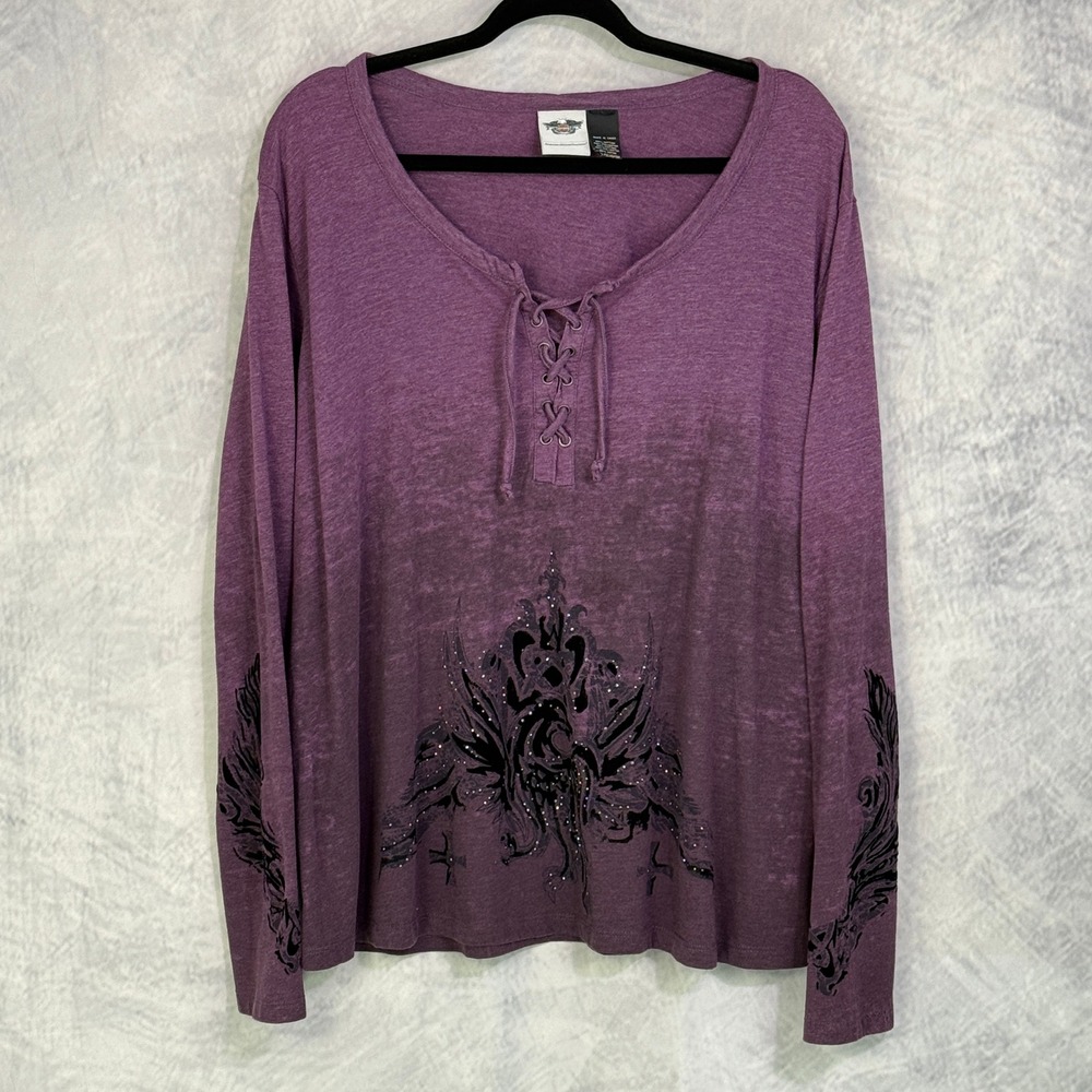 Vtg Y2k Harley-Davidson Lace Up Graphic Top Womens sz XL Velvet embellished moto